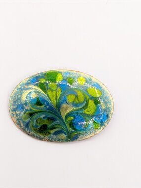 Vtg Inga Carlson Brooch Enamel Oval Copper  1.4" Swirl Abstract Mod Retro